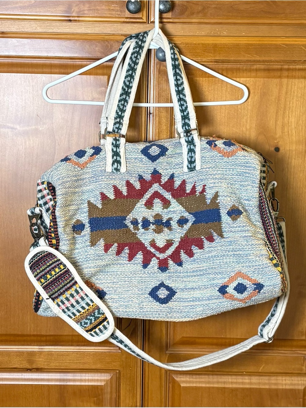 Panache Boho Woven Travel Bag in Cream, Blue, Red, Brown